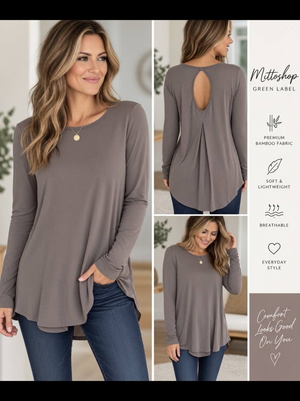 mittoshop Taupe Keyhole-Back Long Sleeve Top